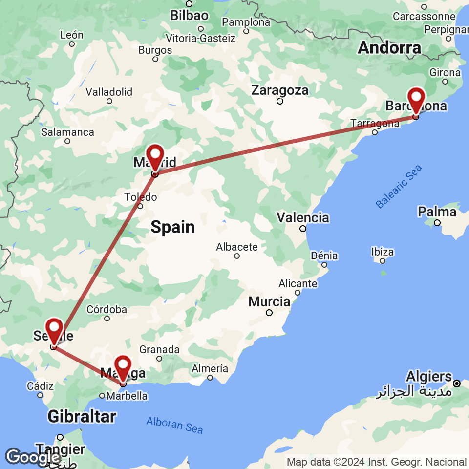 Route for Barcelona, Madrid, Seville, Malaga tour